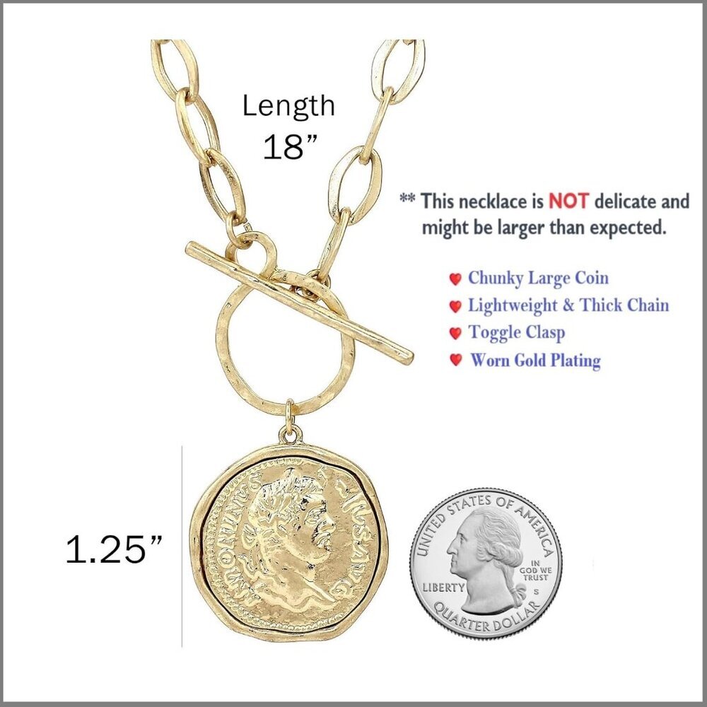 Chunky Coin Fashion Gold Necklace Trendy Statement Toggle Necklaces Women Antiqu - Picture 3 of 9
